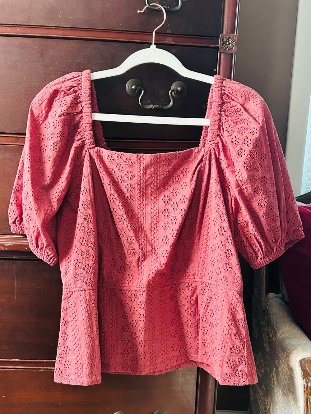 Ann Taylor Factory Dusty Rose Eyelet Square-Neck Peplum Top